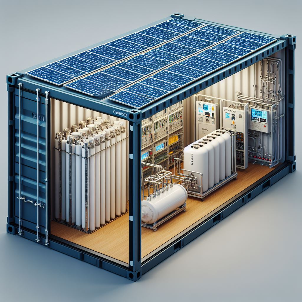 Darstellung des HygO-Containers mit Photovoltaik, Elektrolyseur, Wasserstoffspeicher und Brennstoffzelle